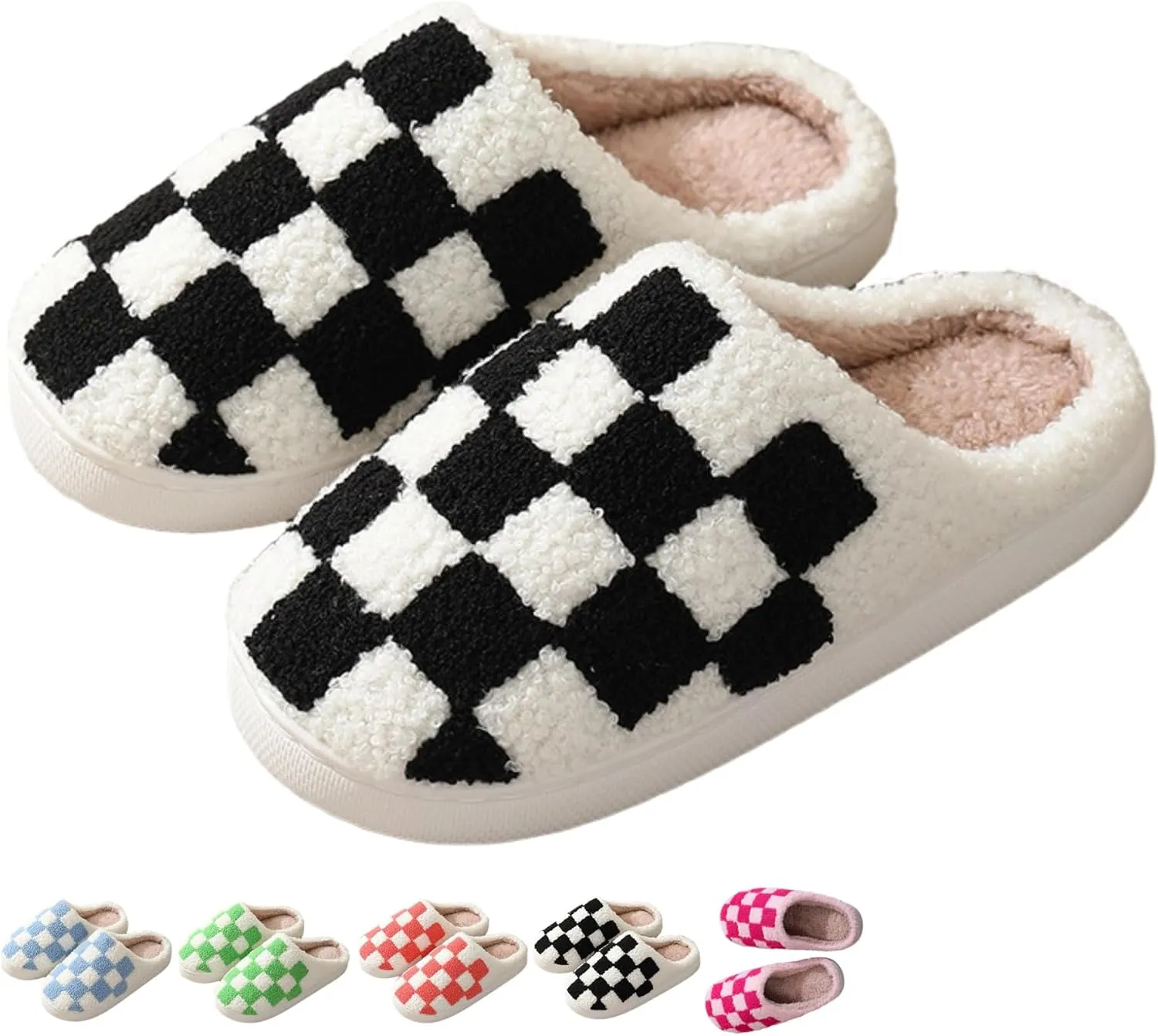 Checkered Plush Slippers for Women Men Winter Cozy Warm Indoor House Shoes with Non Slip Cushioned Sole