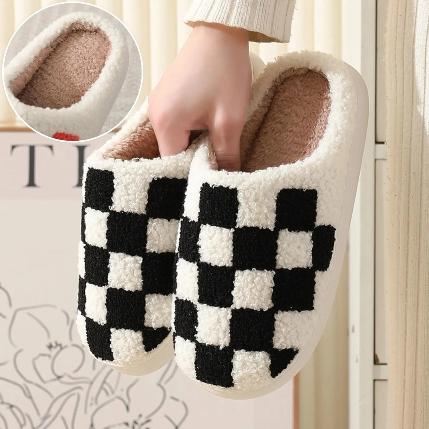 Checkered Plush Slippers for Women Men Winter Cozy Warm Indoor House Shoes with Non Slip Cushioned Sole