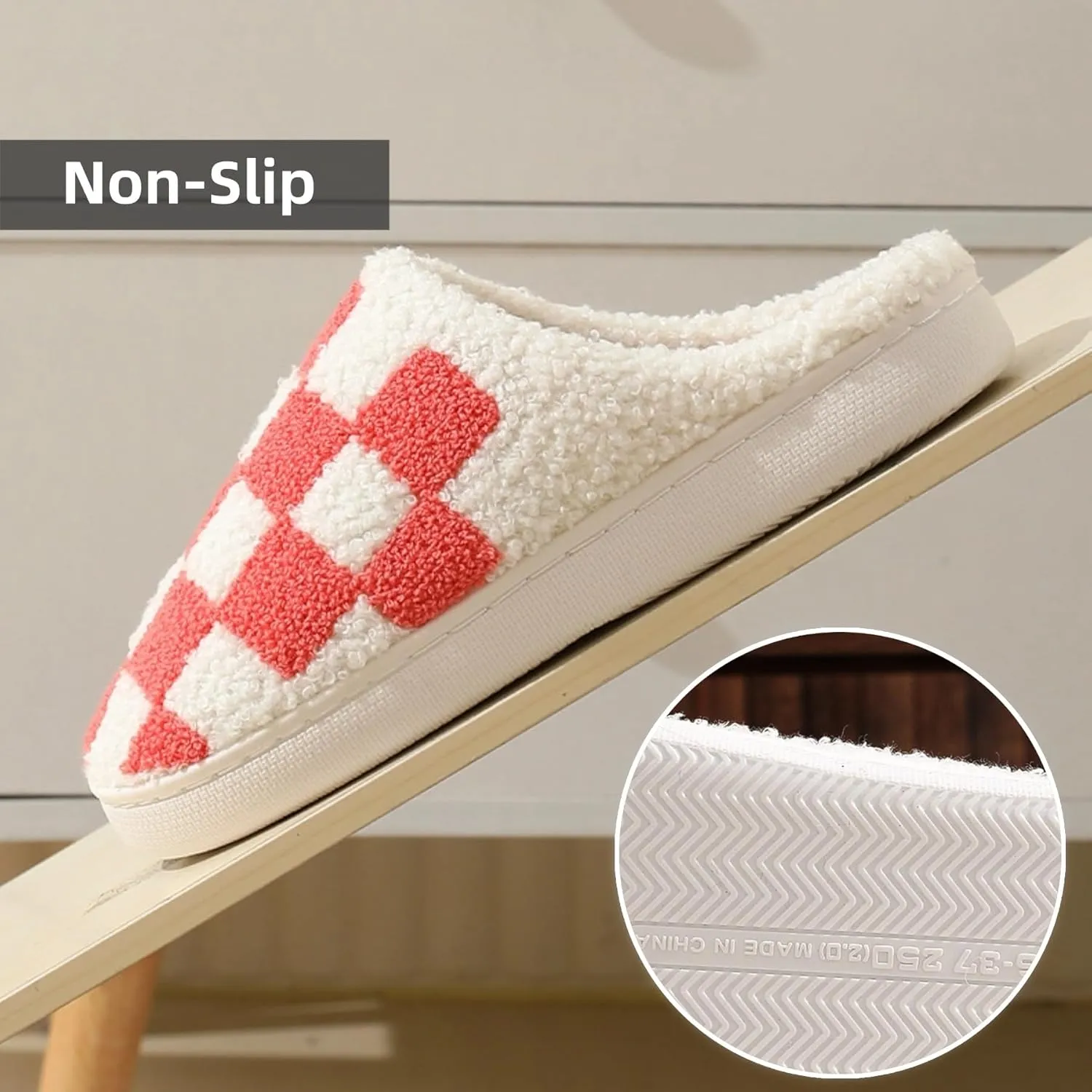Checkered Plush Slippers for Women Men Winter Cozy Warm Indoor House Shoes with Non Slip Cushioned Sole