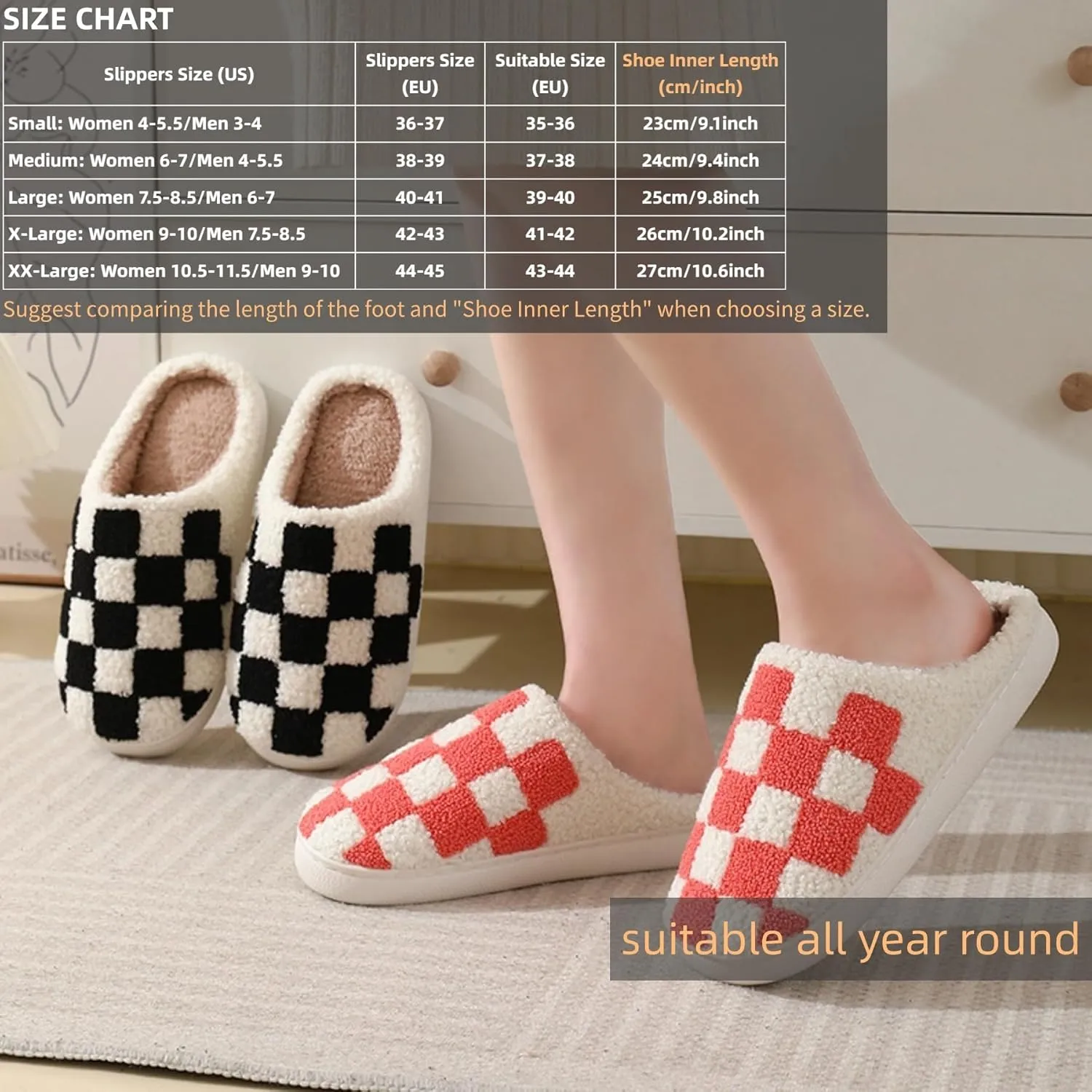 Checkered Plush Slippers for Women Men Winter Cozy Warm Indoor House Shoes with Non Slip Cushioned Sole