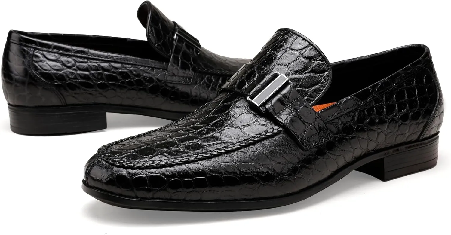 Classic Leather Dress Shoes for Men, Premium Alligator Printed Bussiness Dress Slip on Loafer for Mens
