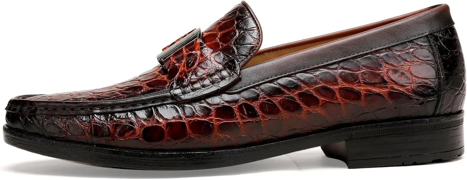 Classic Mens Leather Dress Shoes, Luxury Crocodile Printed Slip on Loafer with Matel Buckle Penny Shoes for Mens