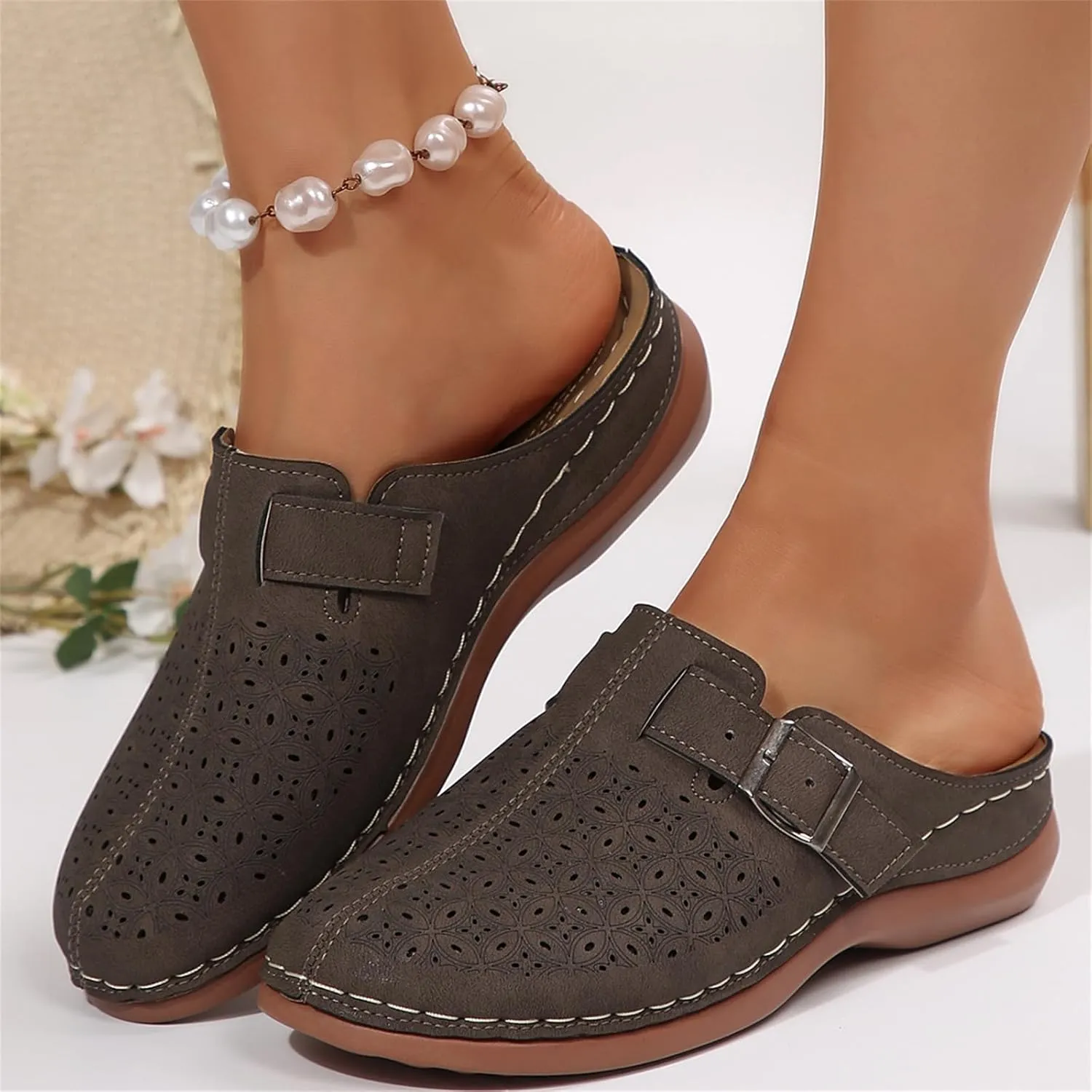 Clogs for Women Mules Shoes Summer Hollow Closed Toe Orthopedic Arch Support Sandals Comfortable Slip on Slippers