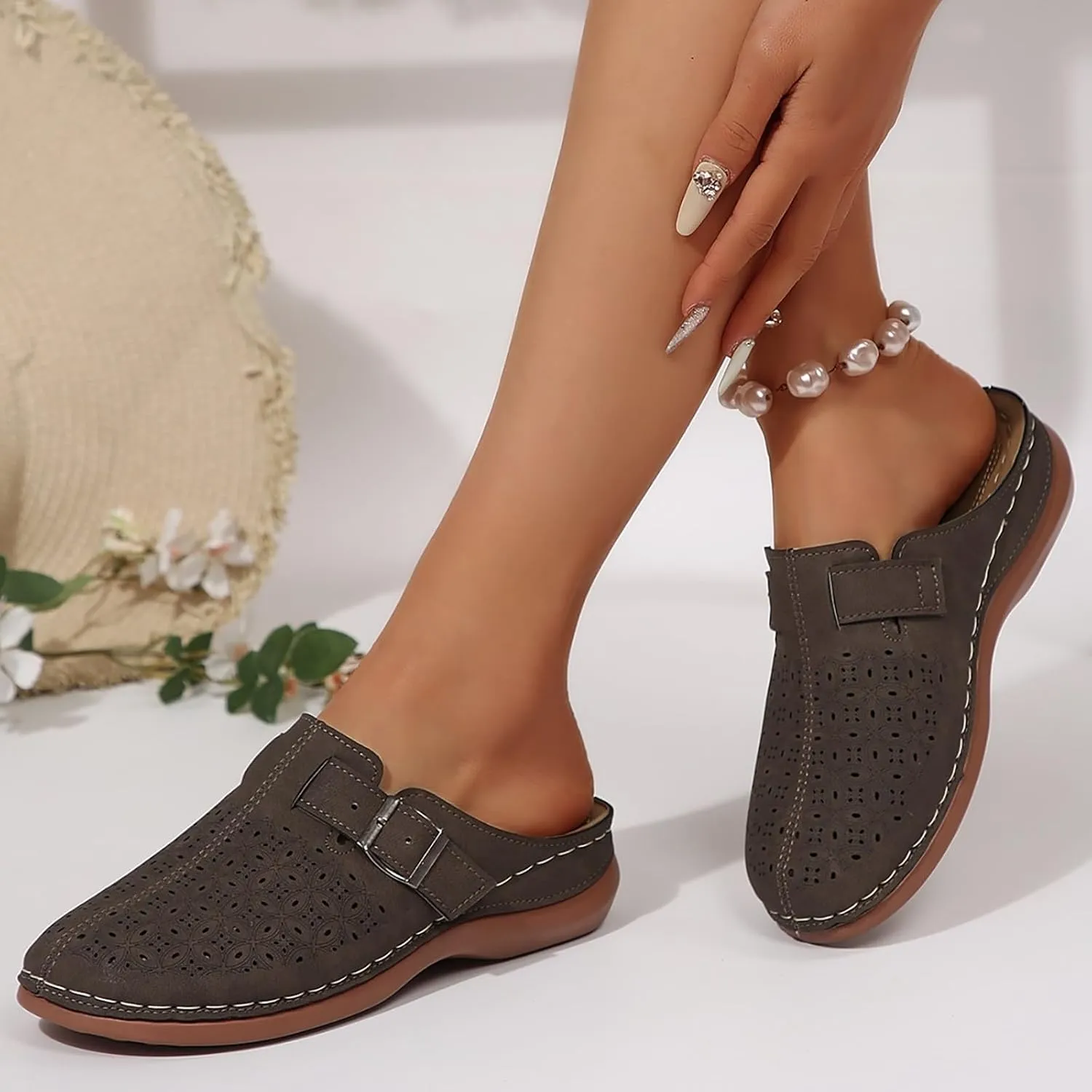 Clogs for Women Mules Shoes Summer Hollow Closed Toe Orthopedic Arch Support Sandals Comfortable Slip on Slippers