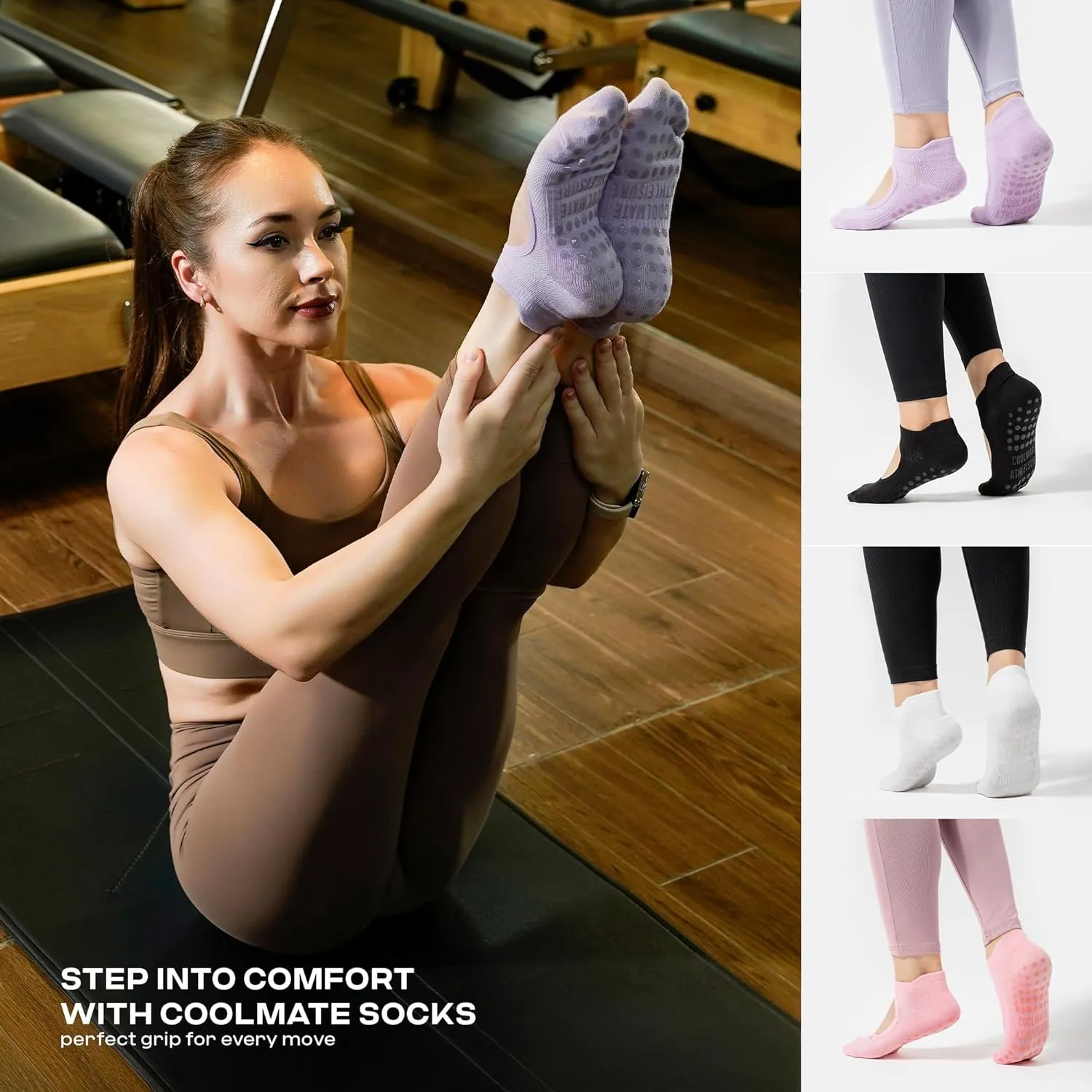 COOLMATE Pilates Socks with Grips for Women, Yoga Socks, Crew Non Slip Women for Workout, Barre, Pilates Gifts