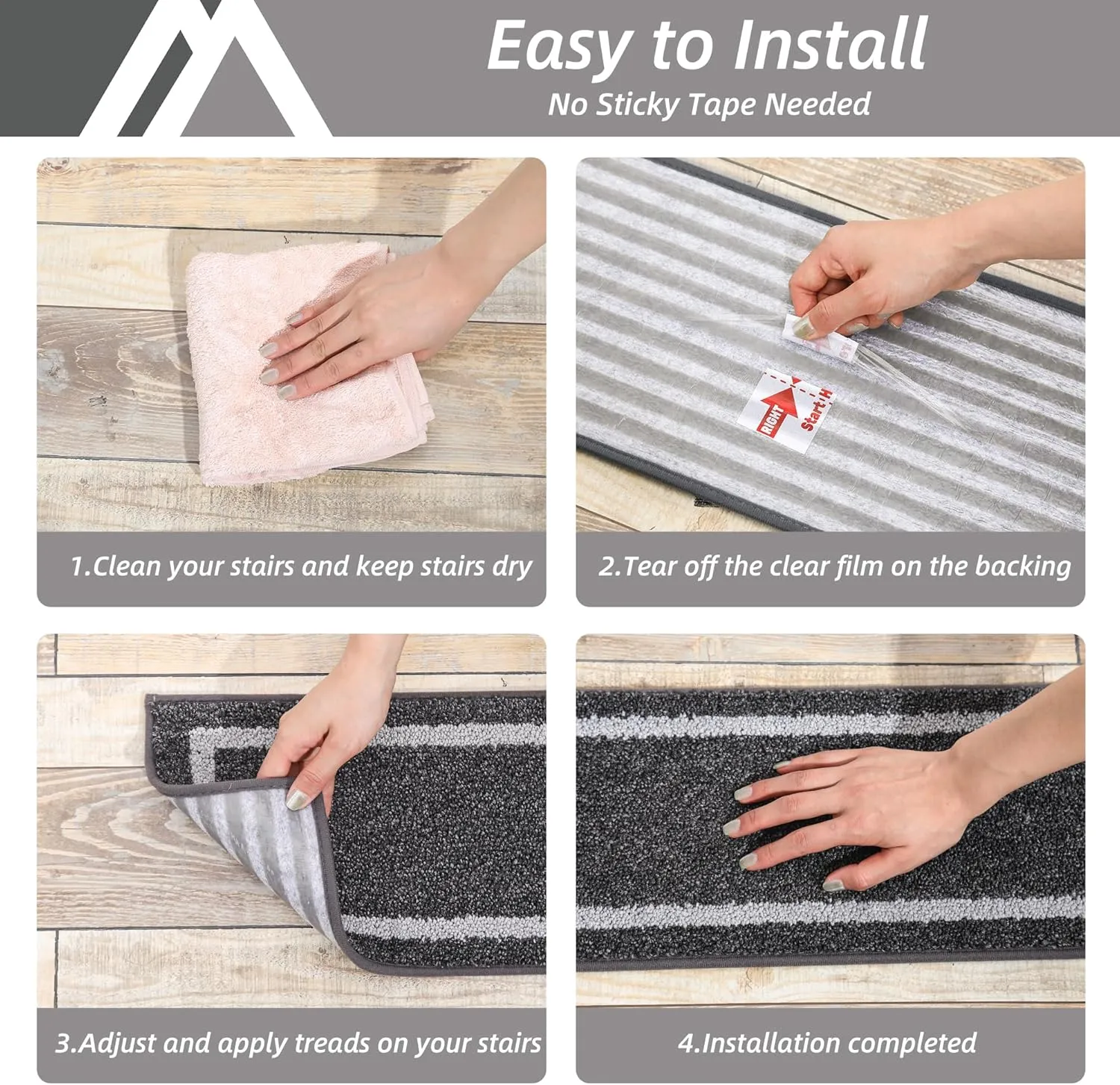 COSY HOMEER Soft Stair Treads Non-Slip Carpet Mat 28inX9in Indoor Stair Runners for Wooden Steps,Stair Rugs for Kids and Dogs, 100% Polyester TPE Backing 7pcs,Black,Square