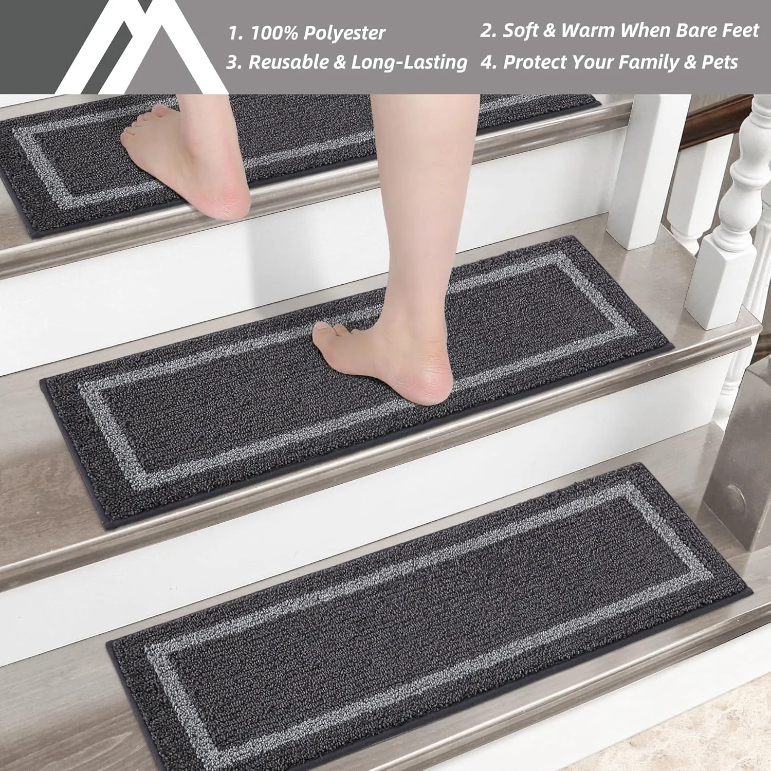 COSY HOMEER Soft Stair Treads Non-Slip Carpet Mat 28inX9in Indoor Stair Runners for Wooden Steps,Stair Rugs for Kids and Dogs, 100% Polyester TPE Backing 7pcs,Black,Square