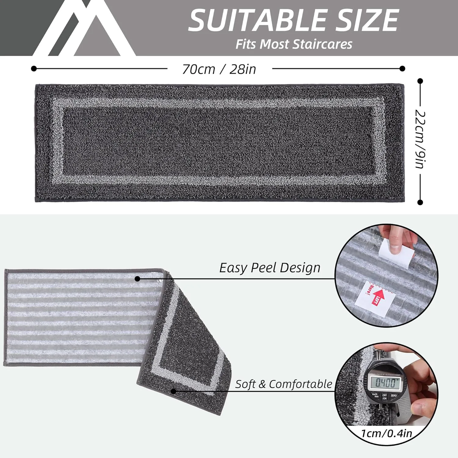 COSY HOMEER Soft Stair Treads Non-Slip Carpet Mat 28inX9in Indoor Stair Runners for Wooden Steps,Stair Rugs for Kids and Dogs, 100% Polyester TPE Backing 7pcs,Black,Square