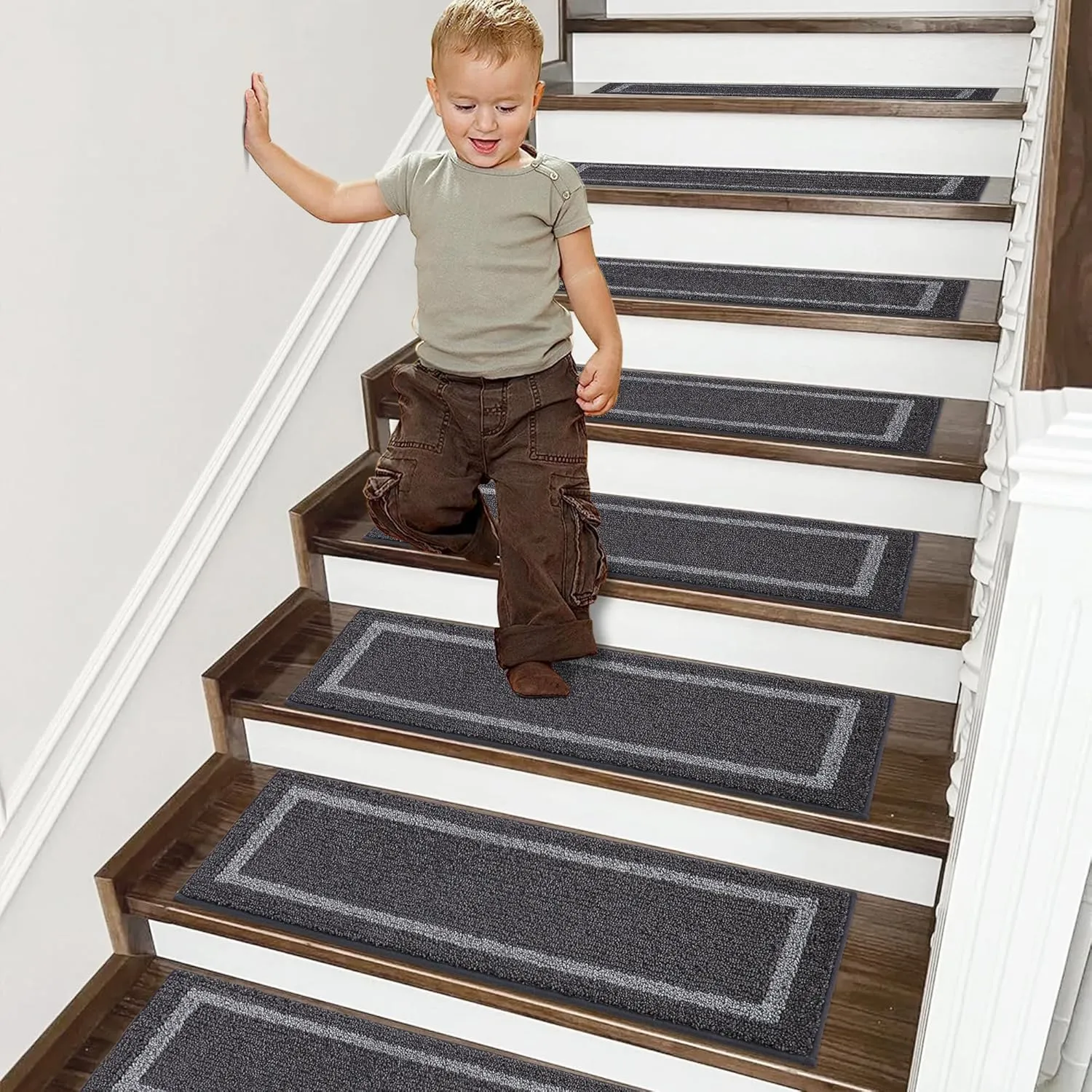 COSY HOMEER Soft Stair Treads Non-Slip Carpet Mat 28inX9in Indoor Stair Runners for Wooden Steps,Stair Rugs for Kids and Dogs, 100% Polyester TPE Backing 7pcs,Black,Square