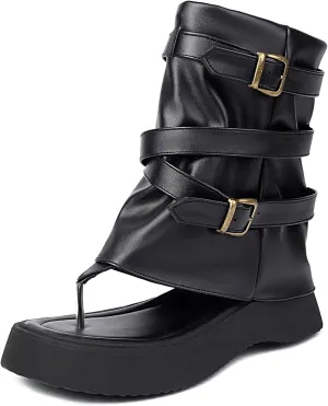CouieCuies Thong Sandal Boots for Women Open Toe Boots Buckle Thick Sole Casual Shoes
