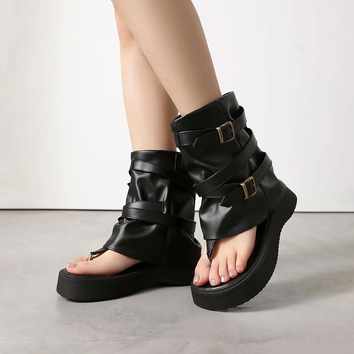 CouieCuies Thong Sandal Boots for Women Open Toe Boots Buckle Thick Sole Casual Shoes