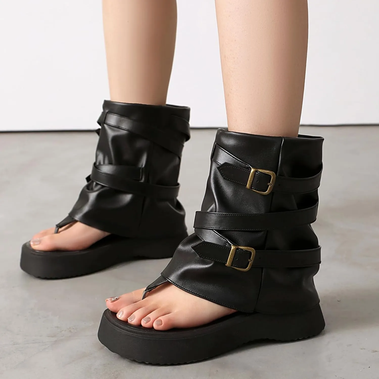 CouieCuies Thong Sandal Boots for Women Open Toe Boots Buckle Thick Sole Casual Shoes