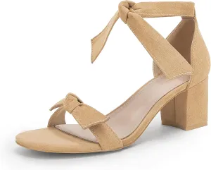 Coutgo Womens Bowknot Ankle Strap Heeled Sandals Mid Block Heel Round Open Toe Summer Wedding Dress Shoes