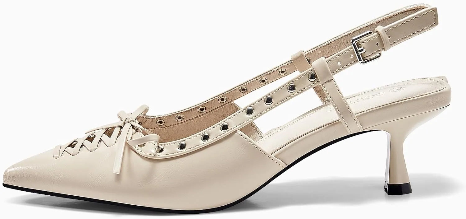 Coutgo Womens Slingback Kitten Heels Closed Pointed Toe Low Heel Dress Shoes Studded Bow Pumps