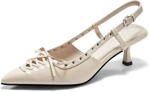 Coutgo Womens Slingback Kitten Heels Closed Pointed Toe Low Heel Dress Shoes Studded Bow Pumps