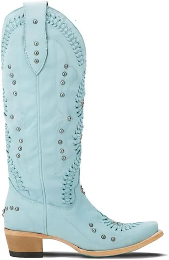 Cowboy Boots for Women, Knee High Western Cowgirl Boots Pointed Toe Chunky Heel Pull on Zipper Fashion Vintage Tall Shoes