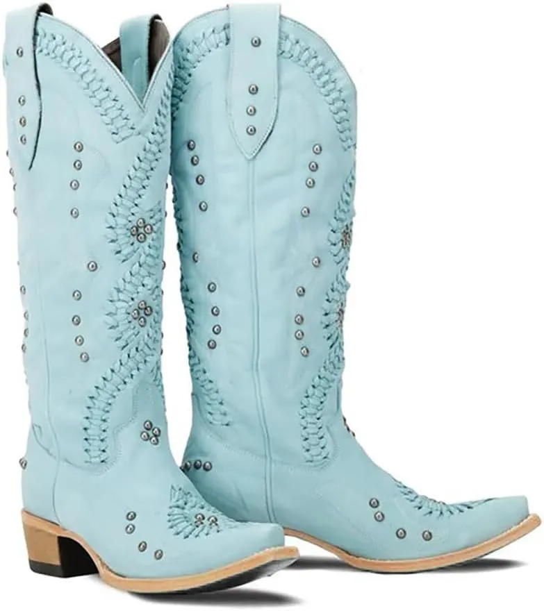Cowboy Boots for Women, Knee High Western Cowgirl Boots Pointed Toe Chunky Heel Pull on Zipper Fashion Vintage Tall Shoes