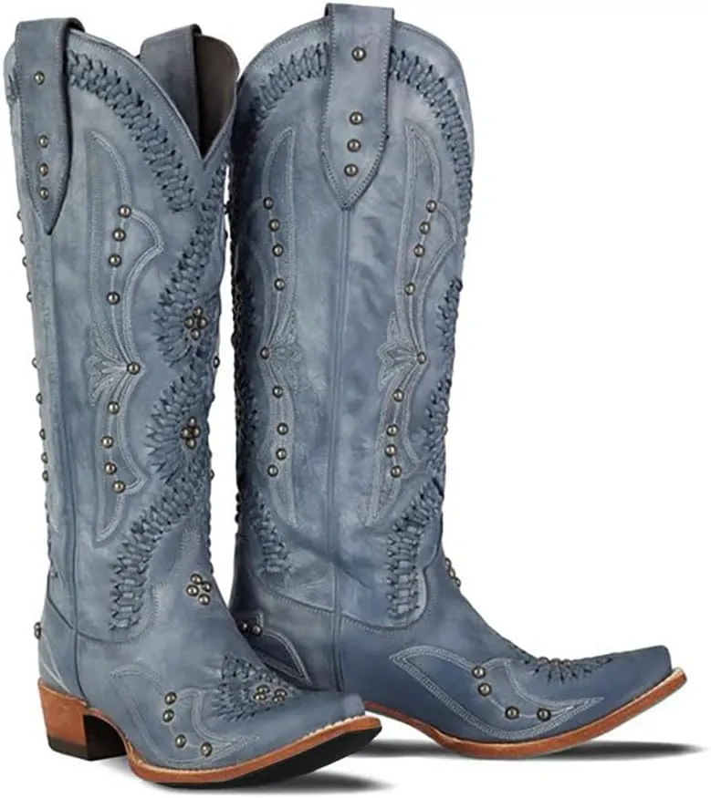 Cowboy Boots for Women, Knee High Western Cowgirl Boots Pointed Toe Chunky Heel Pull on Zipper Fashion Vintage Tall Shoes