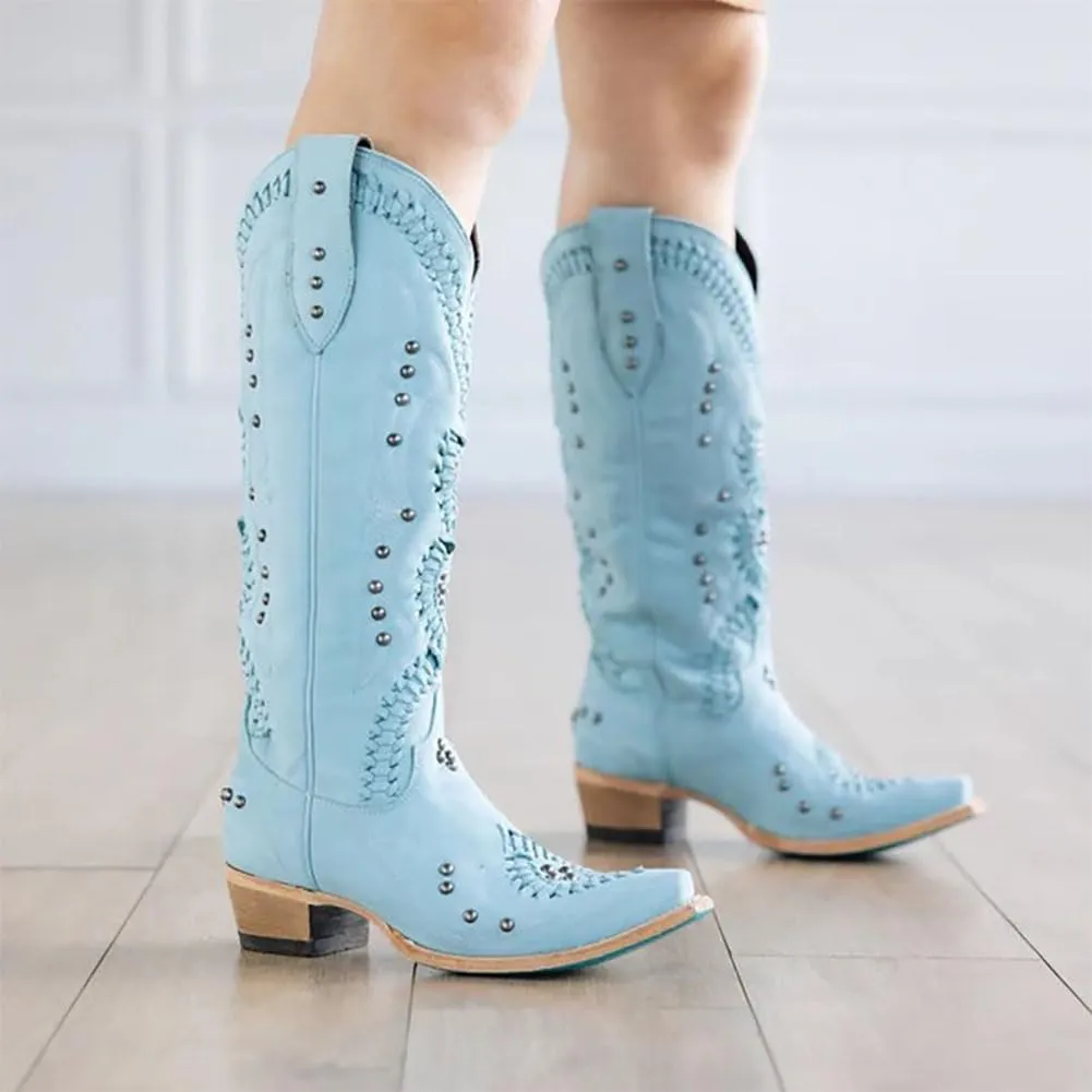 Cowboy Boots for Women, Knee High Western Cowgirl Boots Pointed Toe Chunky Heel Pull on Zipper Fashion Vintage Tall Shoes