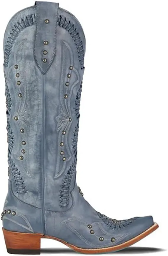 Cowboy Boots for Women, Knee High Western Cowgirl Boots Pointed Toe Chunky Heel Pull on Zipper Fashion Vintage Tall Shoes