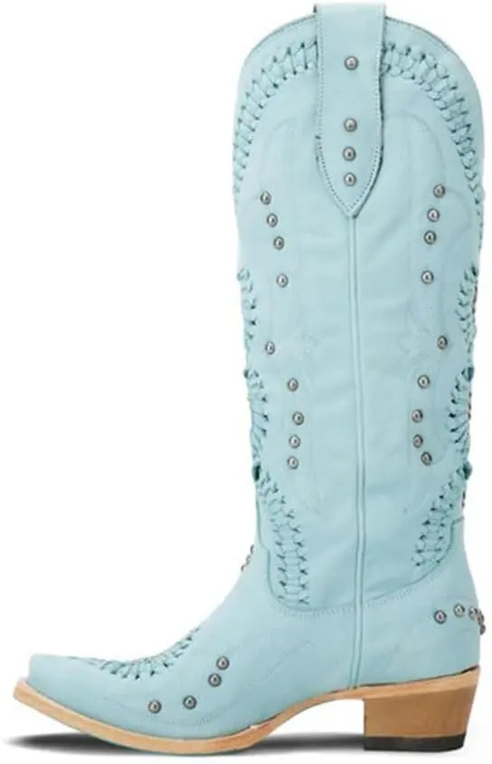 Cowboy Boots for Women, Knee High Western Cowgirl Boots Pointed Toe Chunky Heel Pull on Zipper Fashion Vintage Tall Shoes