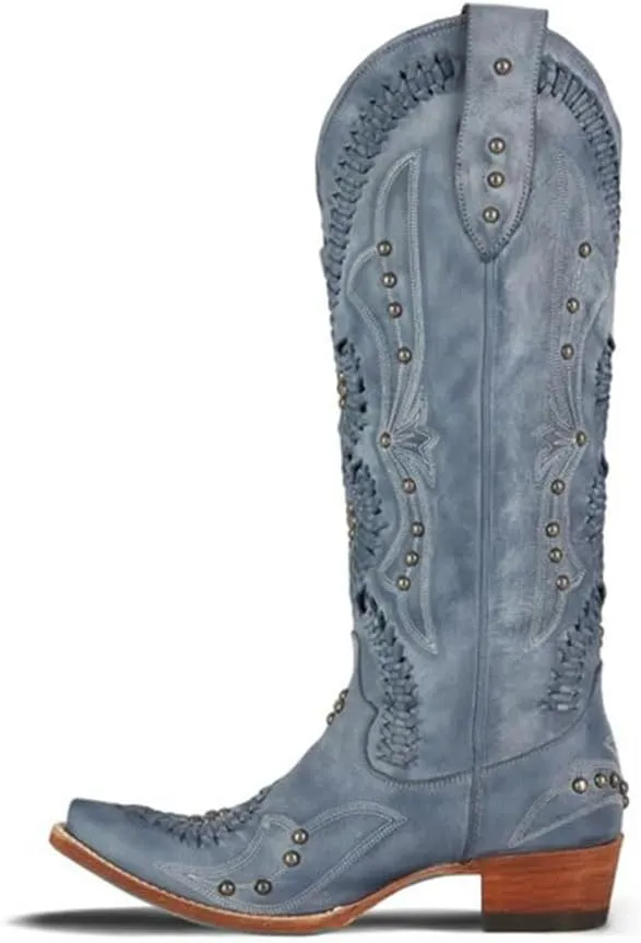 Cowboy Boots for Women, Knee High Western Cowgirl Boots Pointed Toe Chunky Heel Pull on Zipper Fashion Vintage Tall Shoes