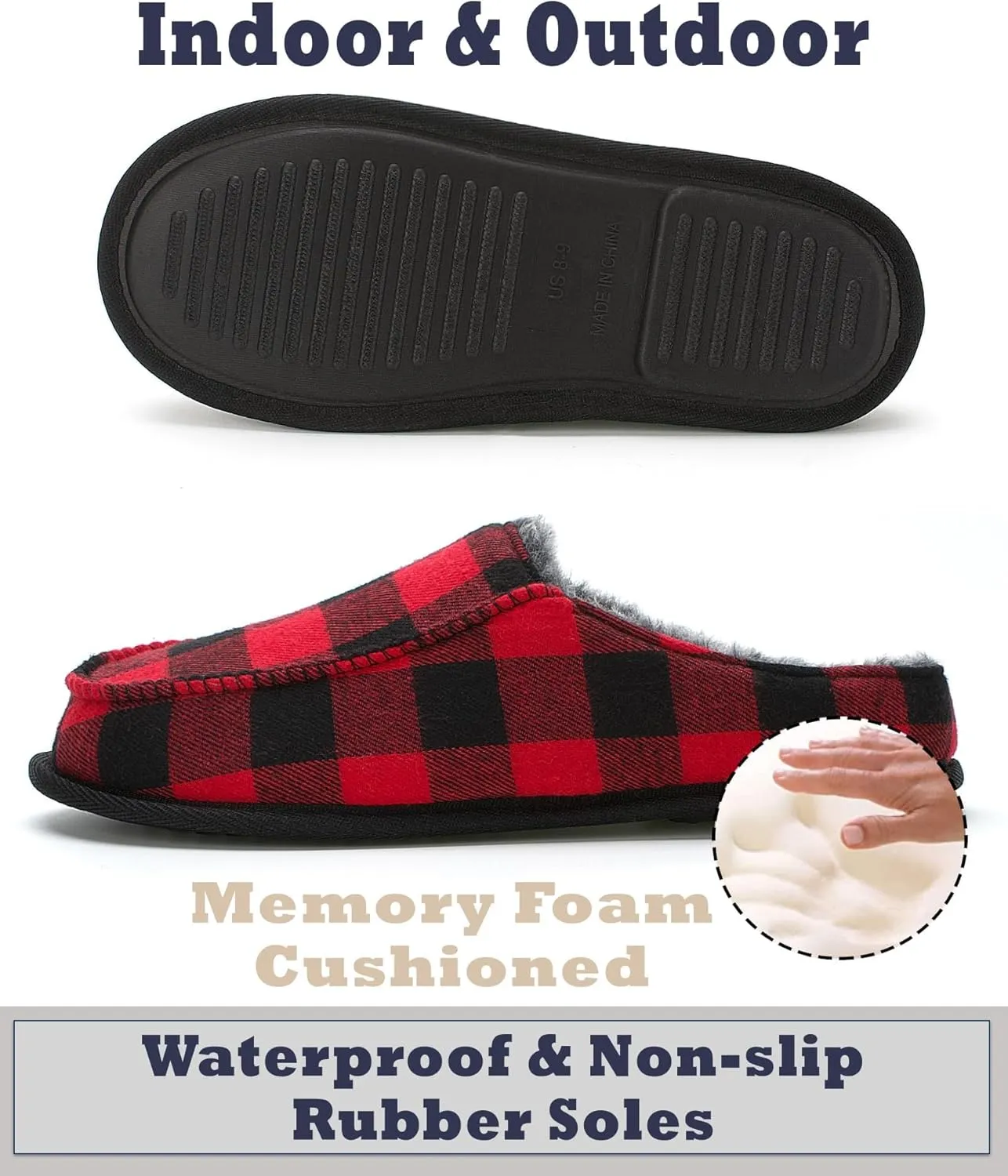 Cozylook Men's Slip-on Slippers, Memory Foam Padded House Moccasins, Non-Slip Sole Indoor/Outdoor, Soft Plush Lining, Cozy Gifts, Sizes 8-15