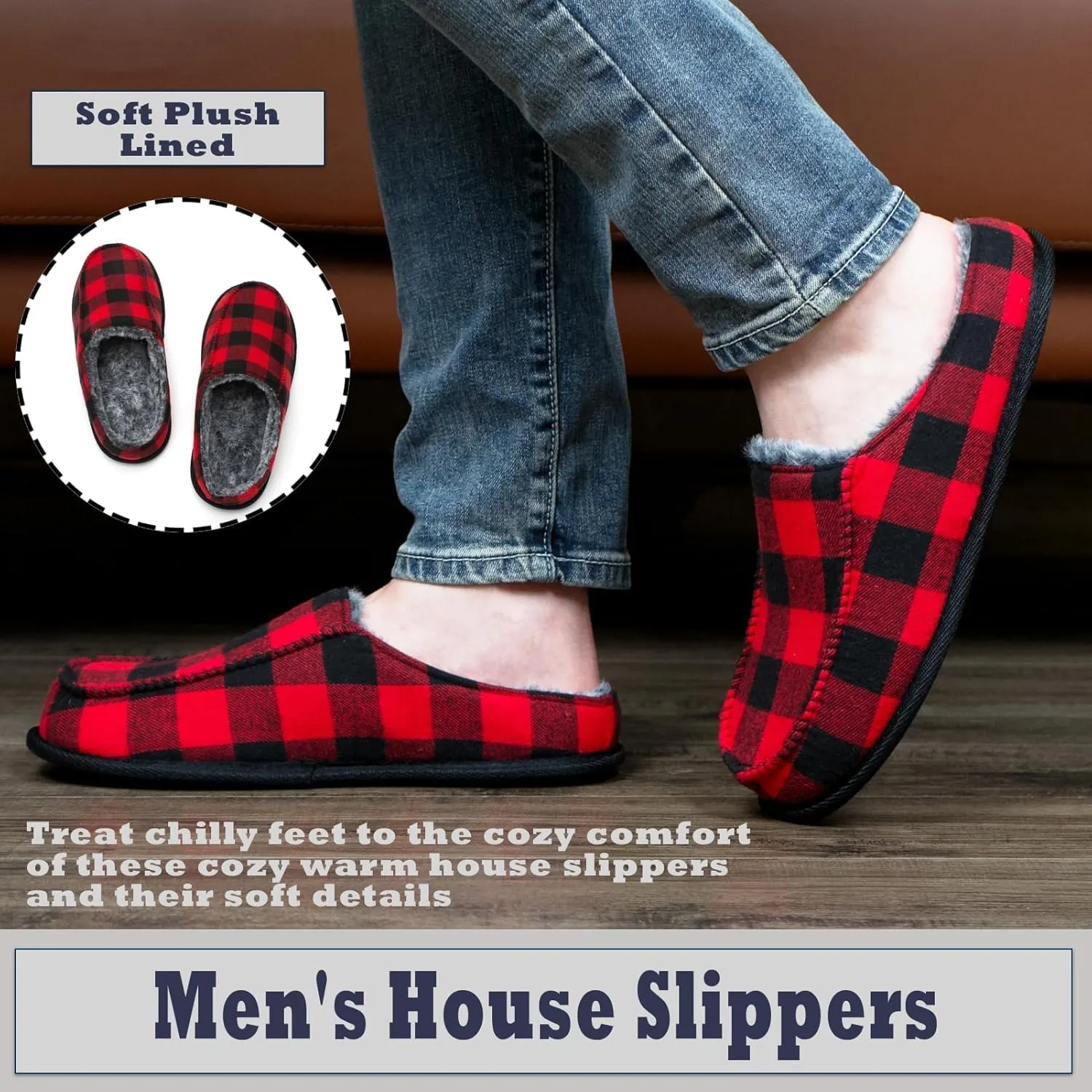 Cozylook Men's Slip-on Slippers, Memory Foam Padded House Moccasins, Non-Slip Sole Indoor/Outdoor, Soft Plush Lining, Cozy Gifts, Sizes 8-15