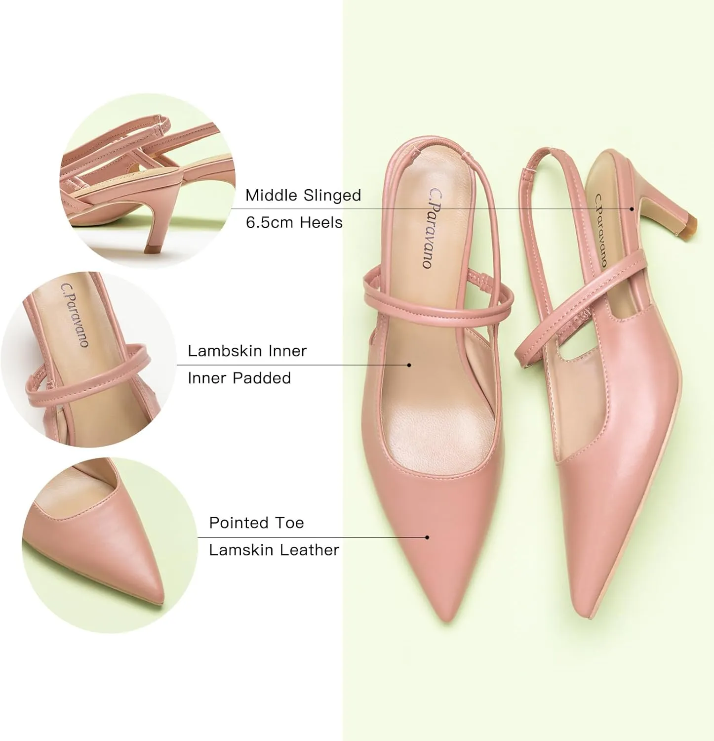 C.Paravano Women's Slingback Flats & Heels - Pointed Toe, Ankle Strap, Comfortable Leather Dress Shoes
