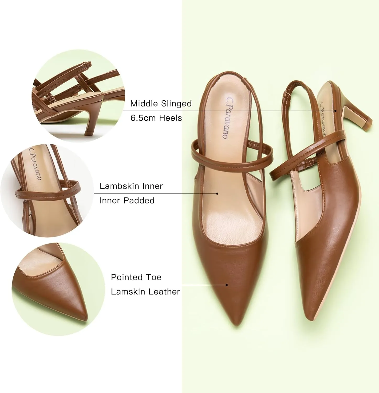 C.Paravano Women's Slingback Flats & Heels - Pointed Toe, Ankle Strap, Comfortable Leather Dress Shoes