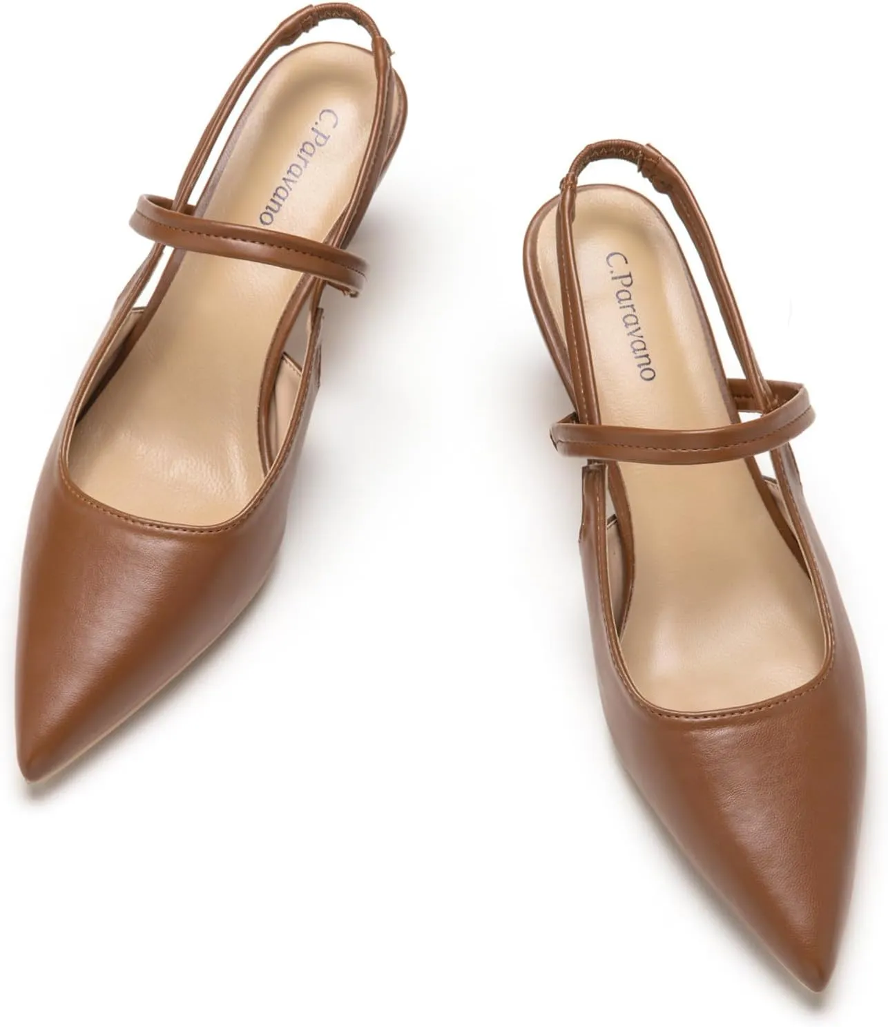 C.Paravano Women's Slingback Flats & Heels - Pointed Toe, Ankle Strap, Comfortable Leather Dress Shoes