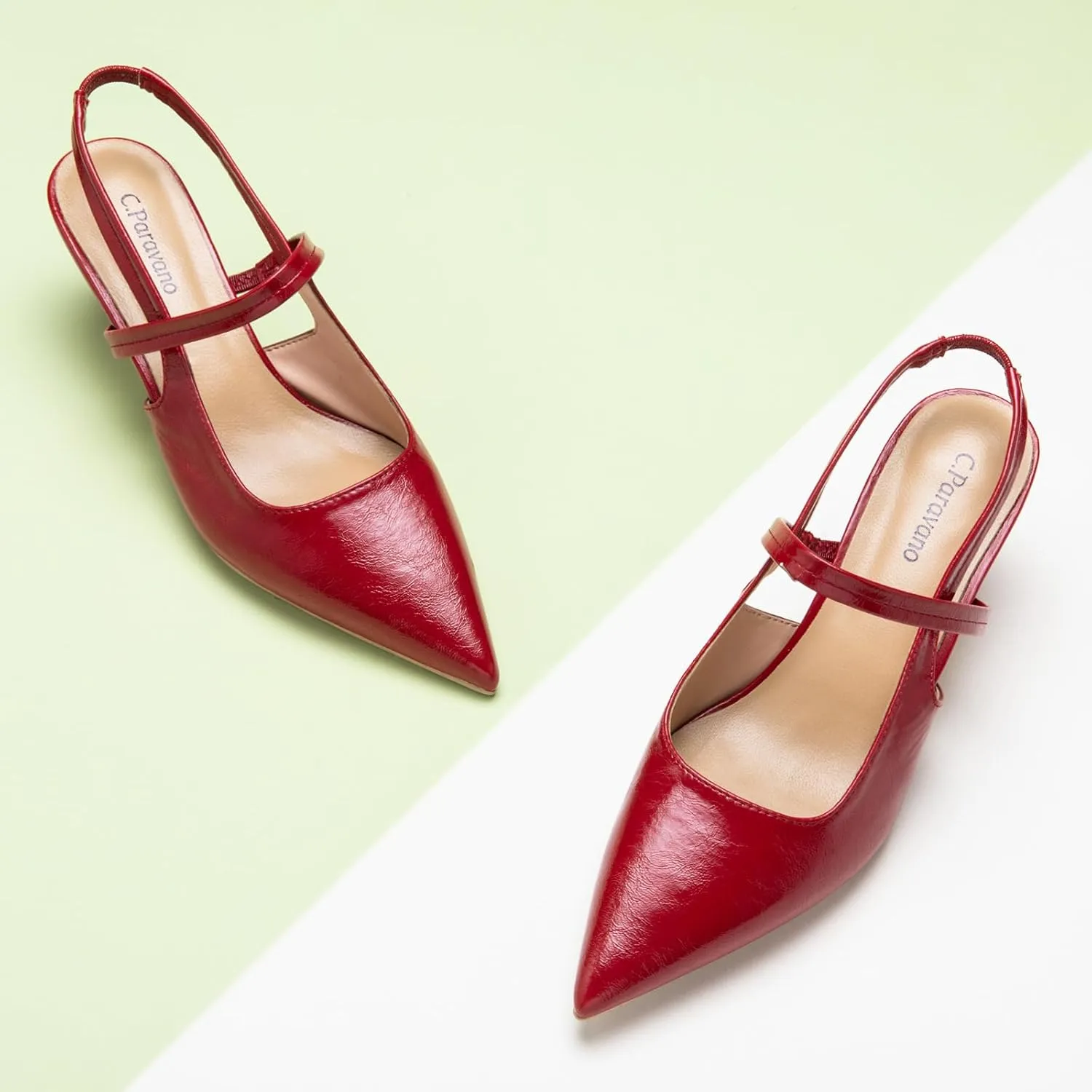 C.Paravano Women's Slingback Flats & Heels - Pointed Toe, Ankle Strap, Comfortable Leather Dress Shoes