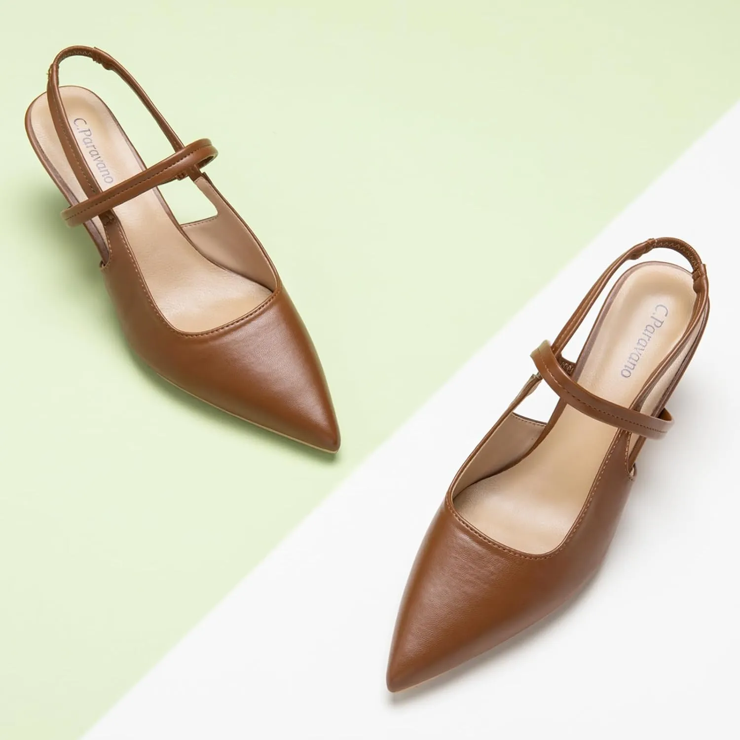 C.Paravano Women's Slingback Flats & Heels - Pointed Toe, Ankle Strap, Comfortable Leather Dress Shoes