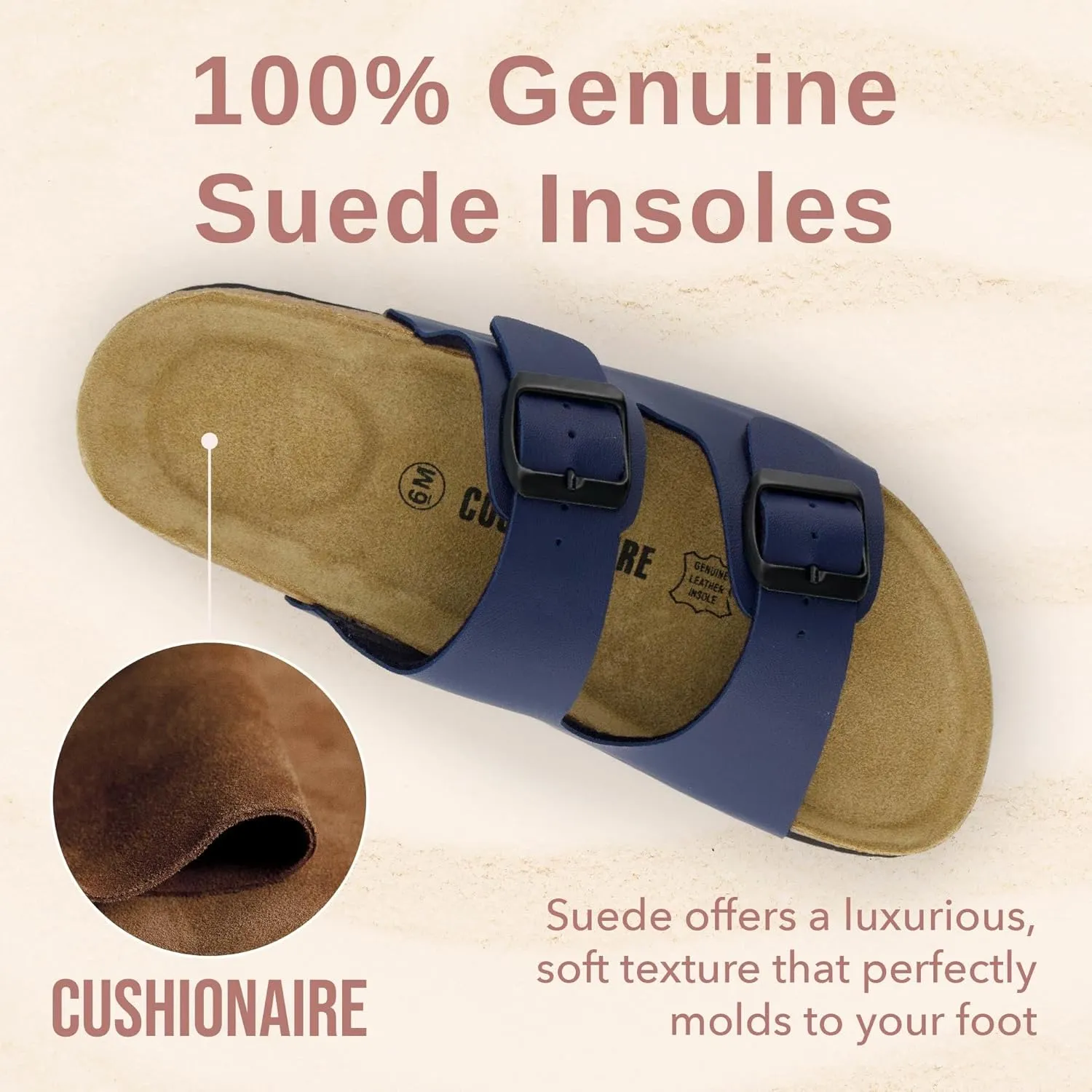 CUSHIONAIRE Lane Cork Footbed Sandals for Women – Comfortable Double Buckle Slip-On with Genuine Suede Footbed & Arch Support Slides for Women Footwear