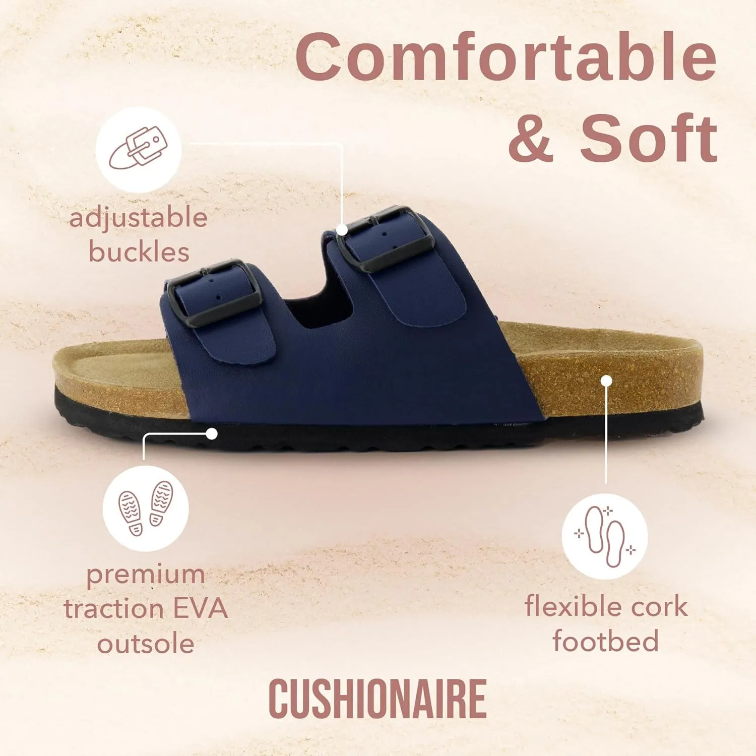 CUSHIONAIRE Lane Cork Footbed Sandals for Women – Comfortable Double Buckle Slip-On with Genuine Suede Footbed & Arch Support Slides for Women Footwear