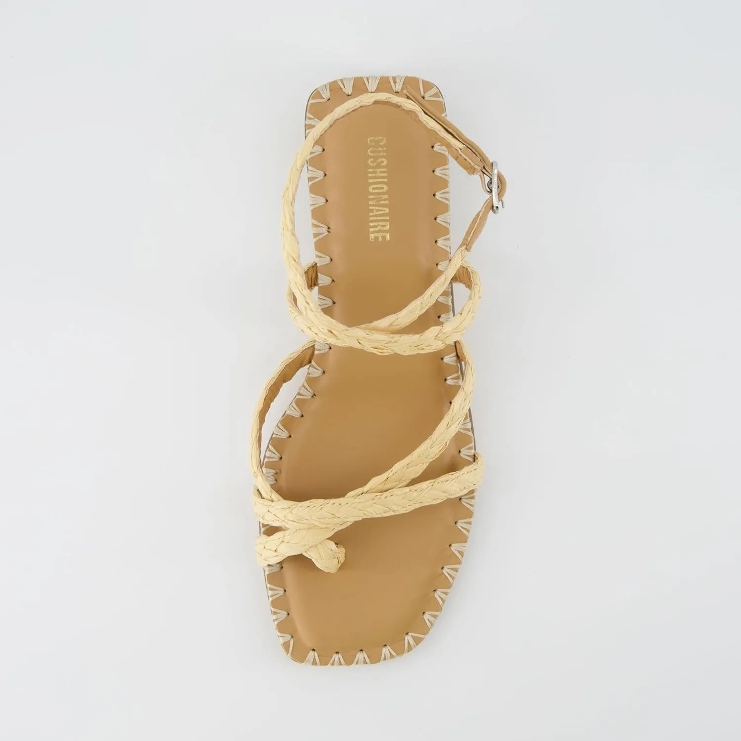 CUSHIONAIRE Wave Raffia Strappy Sandals for Women – Braided Toe Ring Ankle Wrap Dress Sandal with Low Block Heel & Memory Foam