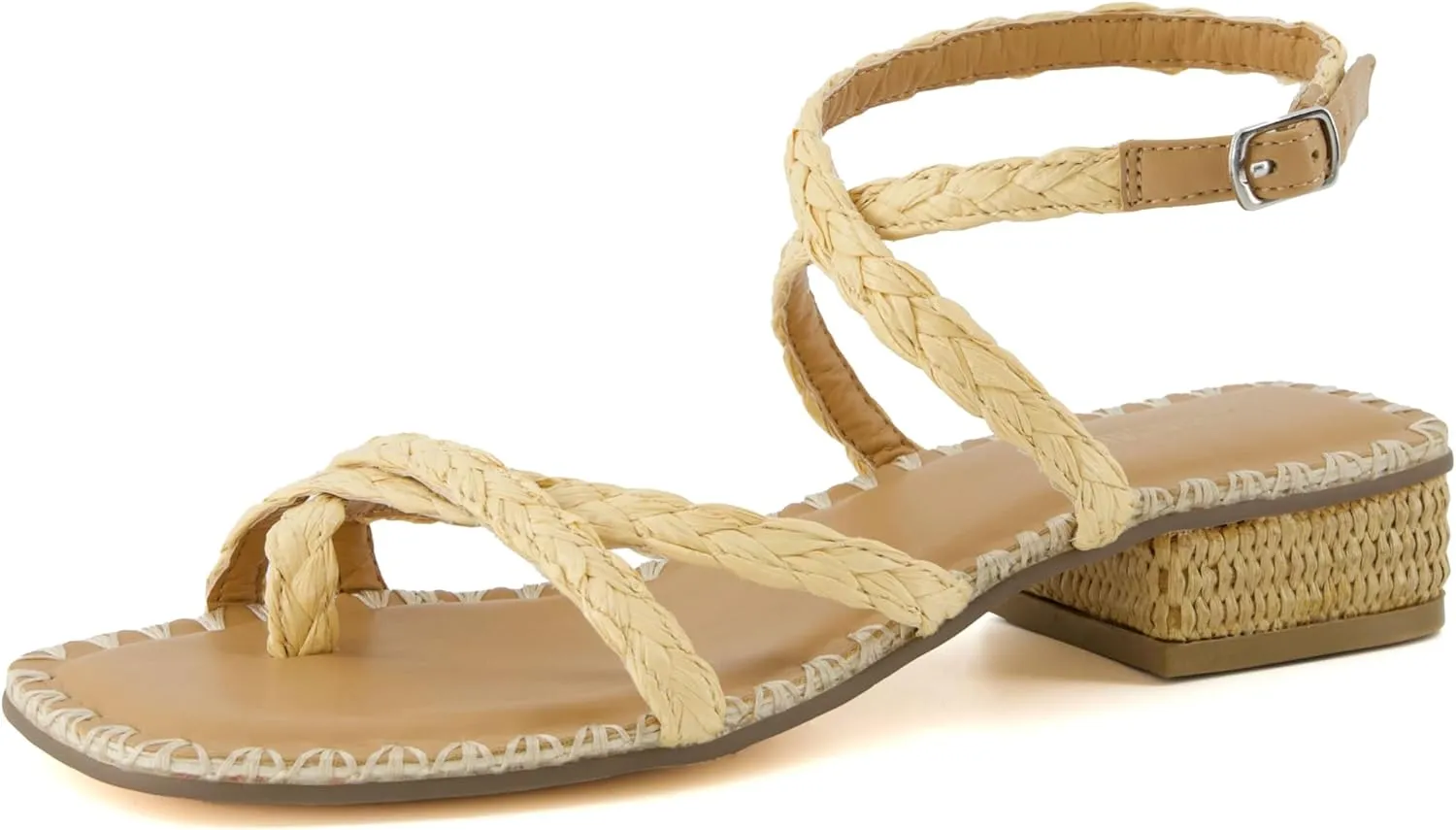CUSHIONAIRE Wave Raffia Strappy Sandals for Women – Braided Toe Ring Ankle Wrap Dress Sandal with Low Block Heel & Memory Foam