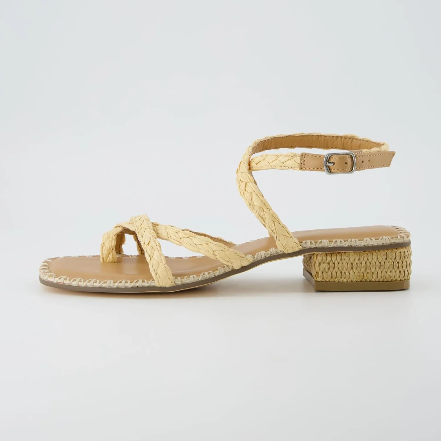 CUSHIONAIRE Wave Raffia Strappy Sandals for Women – Braided Toe Ring Ankle Wrap Dress Sandal with Low Block Heel & Memory Foam