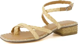 CUSHIONAIRE Wave Raffia Strappy Sandals for Women – Braided Toe Ring Ankle Wrap Dress Sandal with Low Block Heel & Memory Foam