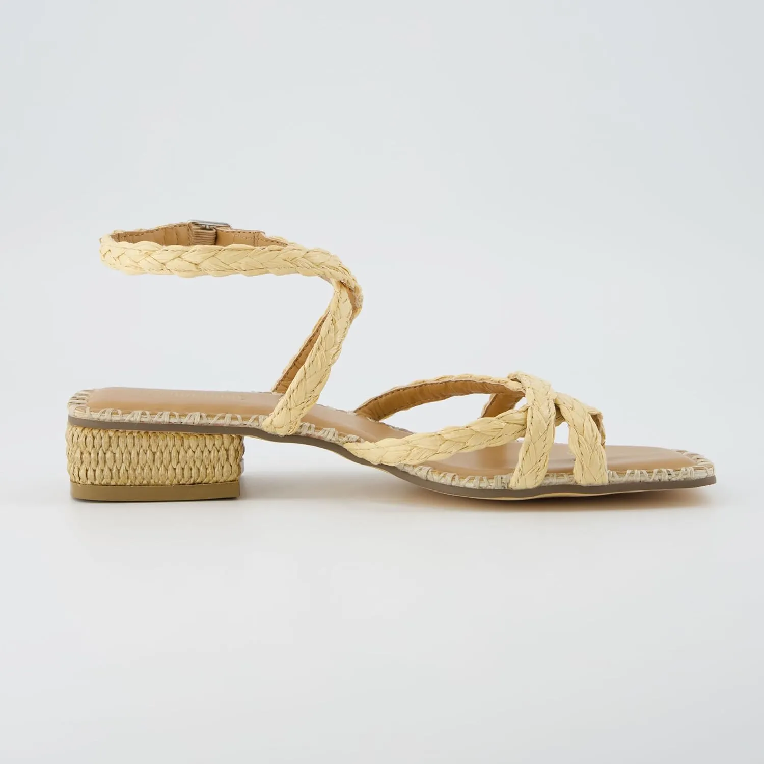 CUSHIONAIRE Wave Raffia Strappy Sandals for Women – Braided Toe Ring Ankle Wrap Dress Sandal with Low Block Heel & Memory Foam