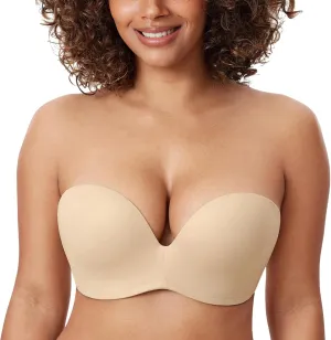 DELIMIRA Women's Strapless Bra Plunge Push Up for Big Busted Seamless Slightly Lined Support Lift Plus Size Invisible