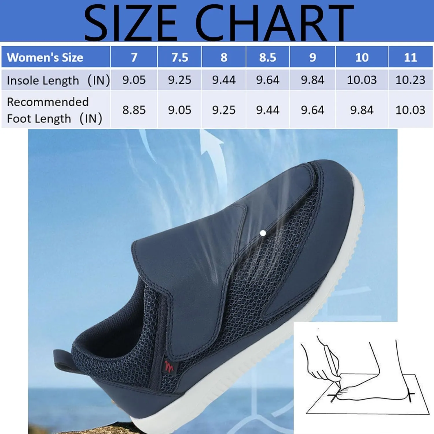 Diabetic Shoes for Women Extra Wide Adjustable Walking Shoes Slip-on Shoes for Swollen Feet for Elderly Soft Reduce Pain Caused by Friction Blue (8.5)