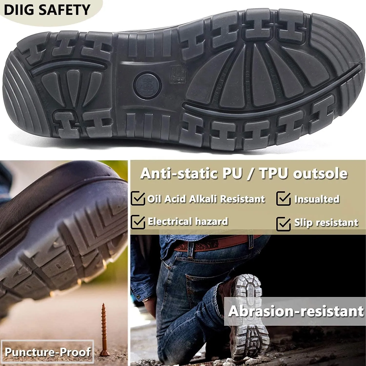 DIIG Work Boots for Men, Steel/Soft Toe Waterproof Working Boots, Slip Resistant Anti-Static Slip-on Safety Working Shoes