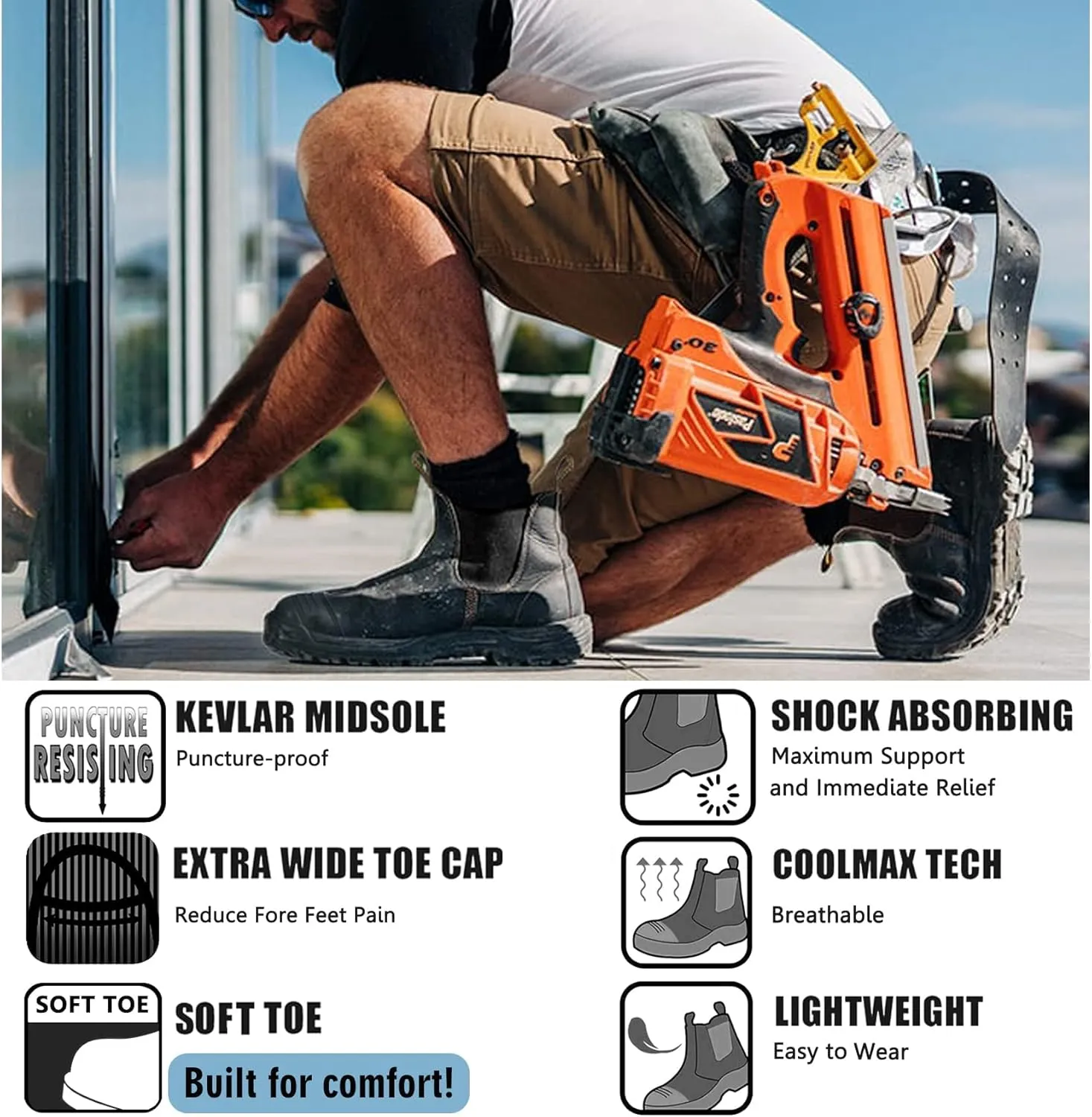 DIIG Work Boots for Men, Steel/Soft Toe Waterproof Working Boots, Slip Resistant Anti-Static Slip-on Safety Working Shoes