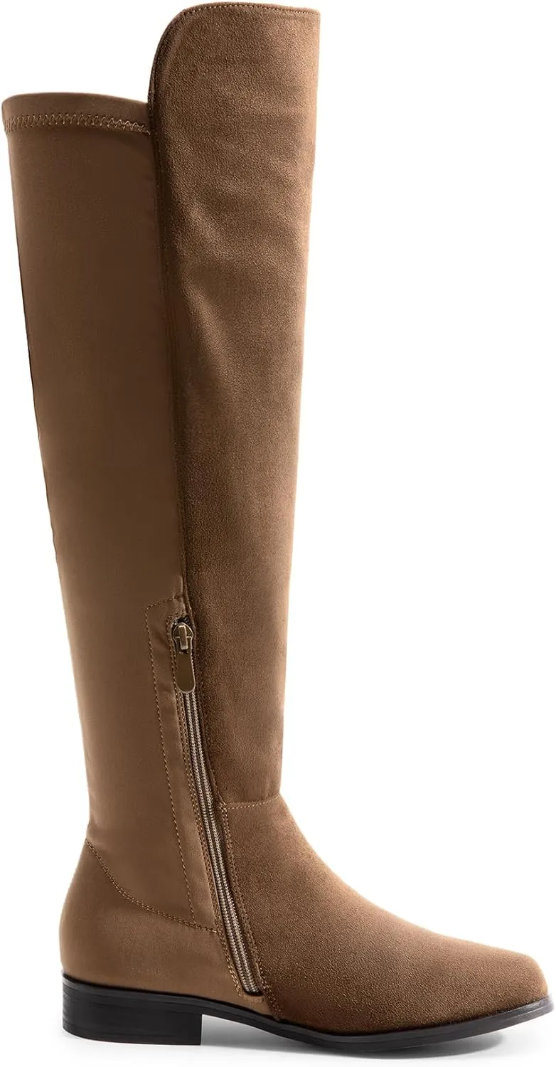 DREAM PAIRS Women's Knee-High Boots Comfortable Flat Low Heel Round Toe Stretchy Suede Slouch Boots with Side Zipper