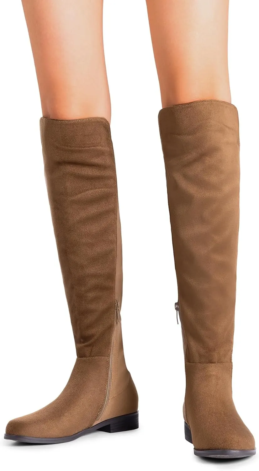 DREAM PAIRS Women's Knee-High Boots Comfortable Flat Low Heel Round Toe Stretchy Suede Slouch Boots with Side Zipper