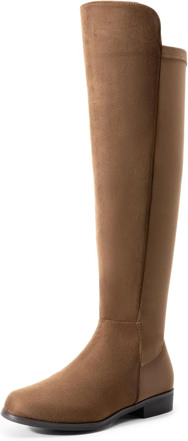 DREAM PAIRS Women's Knee-High Boots Comfortable Flat Low Heel Round Toe Stretchy Suede Slouch Boots with Side Zipper