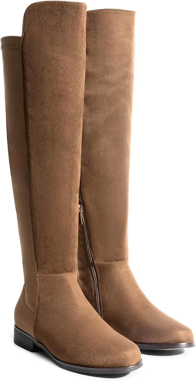DREAM PAIRS Women's Knee-High Boots Comfortable Flat Low Heel Round Toe Stretchy Suede Slouch Boots with Side Zipper