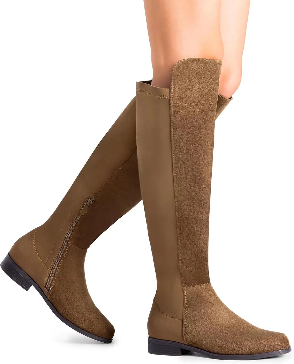 DREAM PAIRS Women's Knee-High Boots Comfortable Flat Low Heel Round Toe Stretchy Suede Slouch Boots with Side Zipper