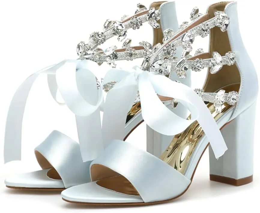 Dress First Wedding Sandal High Heels Brides Shoes Satin Open Toe Crystal Ribbon Tie Elegant Party Prom Cocktail Lace-Up Champagne